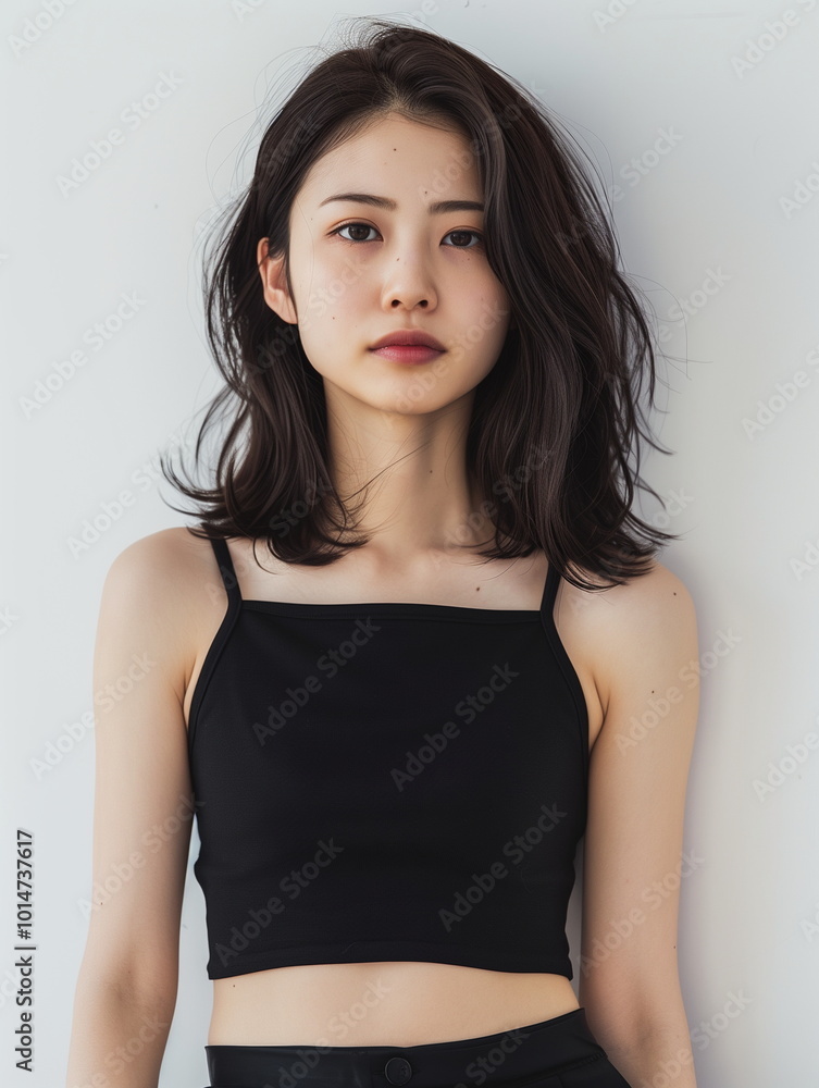 クロップトップを着た若い日本人の女性 クロップトップを着た若い日本人の女性