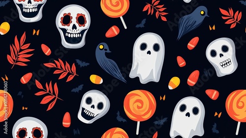 Eerie candy skulls and ghostshaped lollipops, seamless pattern on a dark background, spooky Halloween design for fabric or digital , minimalist, textile