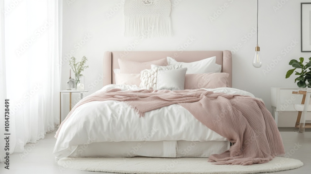 The bright and inviting bedroom features a plush bed adorned with soft pillows and a luxurious blanket in calming pastel shades The bright and inviting bedroom features a plush bed adorned with soft pillows and a luxurious blanket in calming pastel shades