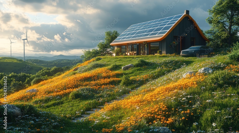 A modern sustainable home with solar panels on the roof sits on a grassy hillside with wildflowers and a view of wind turbines in the distance. A modern sustainable home with solar panels on the roof sits on a grassy hillside with wildflowers and a view of wind turbines in the distance.