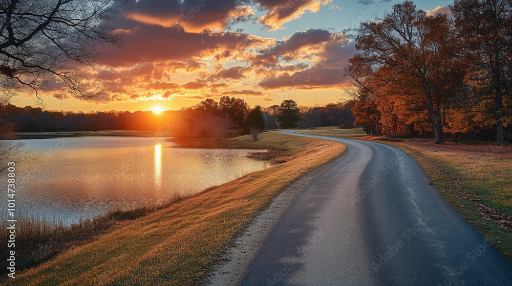 Fototapeta premium Malowniczy widok jeziora otoczonego delikatnym światłem zachodzącego słońca.