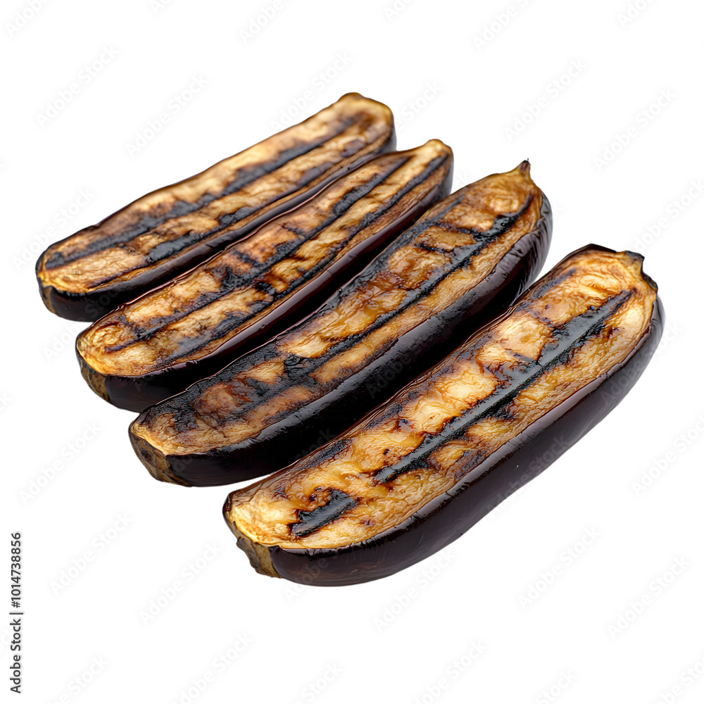 Grilled eggplants on transparent background: rustic roasted vegetable display