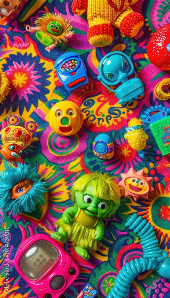 Nostalgic 90s Toys on Vibrant Carpet for Retro Design and Decor Inspiration Nostalgic 90s Toys on Vibrant Carpet for Retro Design and Decor Inspiration