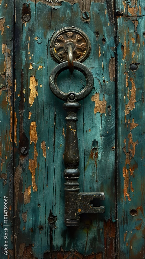 Antique Key on Weathered Wooden Door Antique Key on Weathered Wooden Door