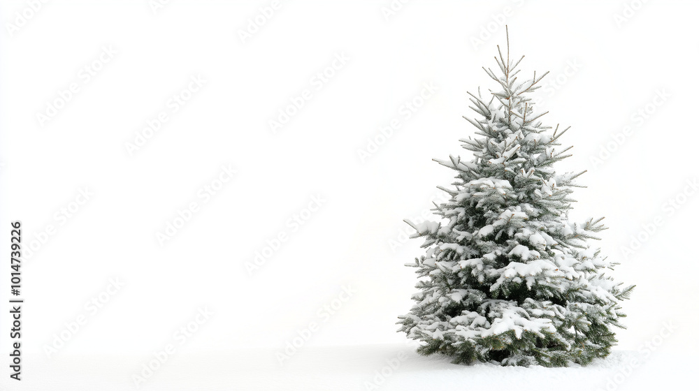 A snow-covered Christmas tree stands on a white background. The branches are softly dusted with snow, giving the tree a festive appearance A snow-covered Christmas tree stands on a white background. The branches are softly dusted with snow, giving the tree a festive appearance