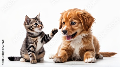 A playful kitten and puppy interacting in a cute, friendly manner.