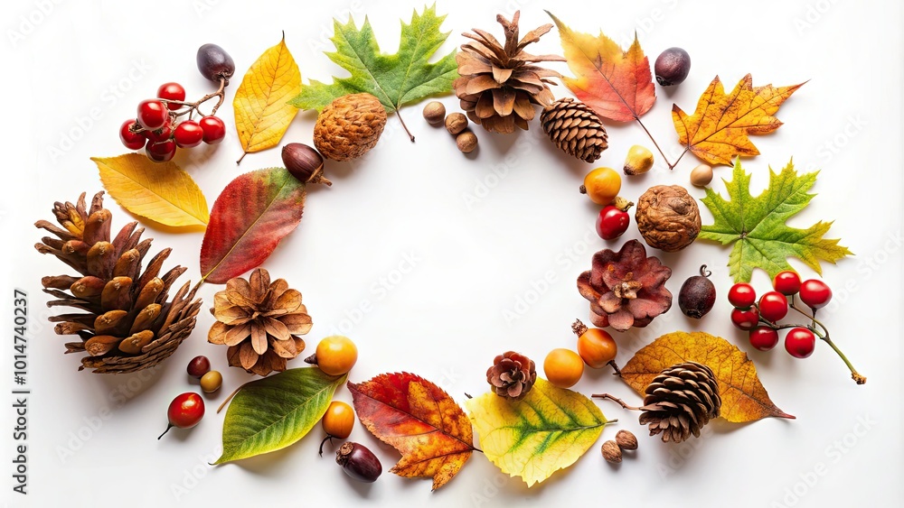 A seasonal display of circular oak and maple leaves, mixed with berries, nuts, and cones, all beautifully arranged on a white backdrop for autumn decoration. A seasonal display of circular oak and maple leaves, mixed with berries, nuts, and cones, all beautifully arranged on a white backdrop for autumn decoration.