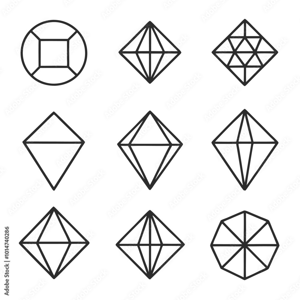 Set of geometric gemstone vector icons with outline style and faceted patterns for jewelry designs.Outline gemstone vector icons with clean geometric shapes, ideal for logos and decorative elements. Set of geometric gemstone vector icons with outline style and faceted patterns for jewelry designs.Outline gemstone vector icons with clean geometric shapes, ideal for logos and decorative elements.