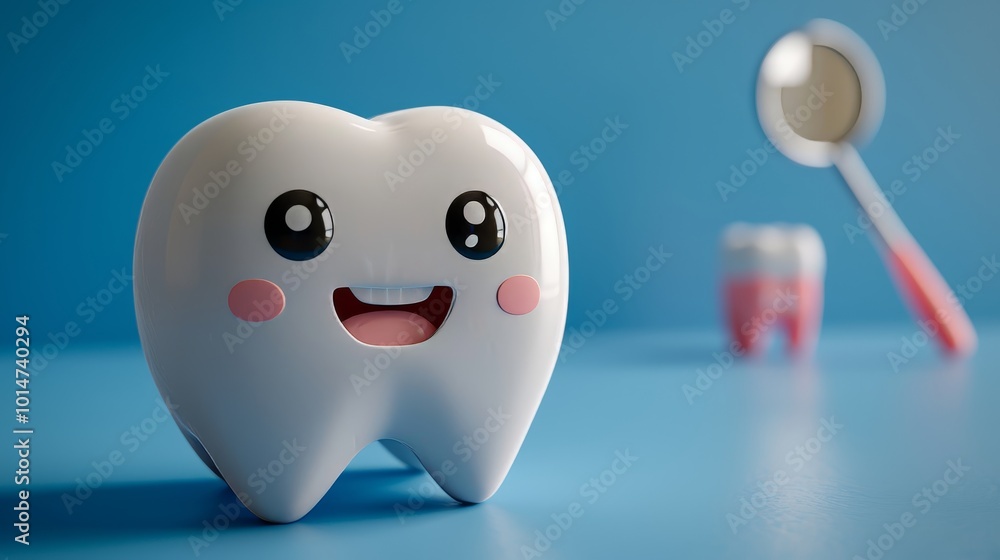 Dental inspection promotion banner with 3d tooth icon and dentist mirror on blue background Dental inspection promotion banner with 3d tooth icon and dentist mirror on blue background