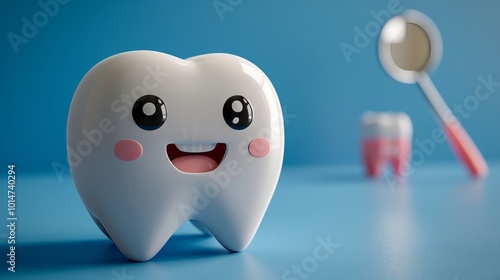 Dental inspection promotion banner with 3d tooth icon and dentist mirror on blue background