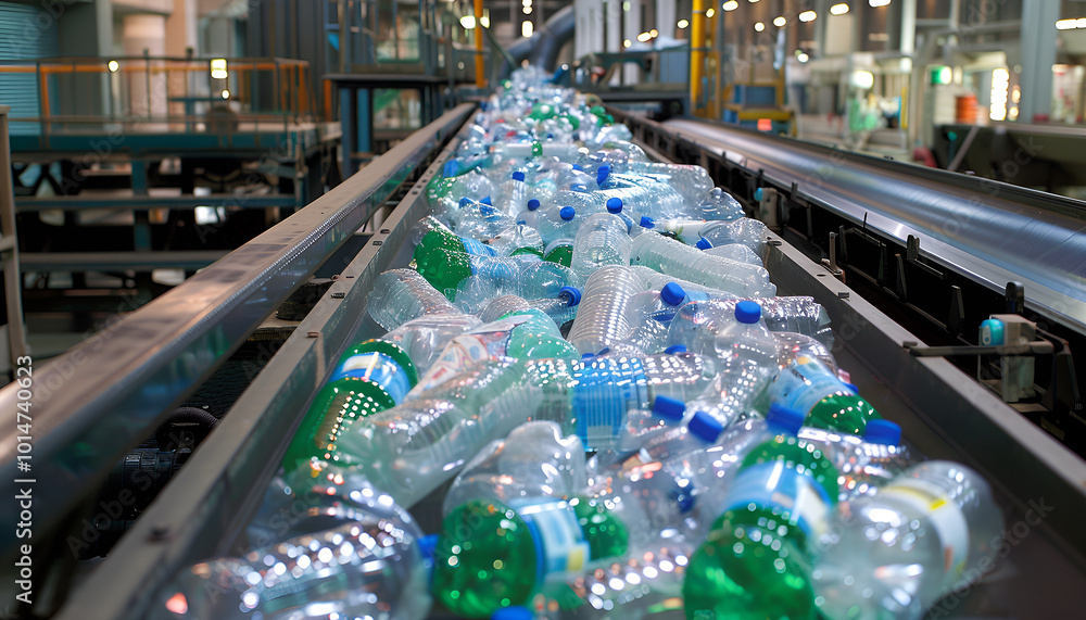 Conveyor belt filled with pet plastic bottles in a recycling facility, highlighting the process of plastic waste management Conveyor belt filled with pet plastic bottles in a recycling facility, highlighting the process of plastic waste management