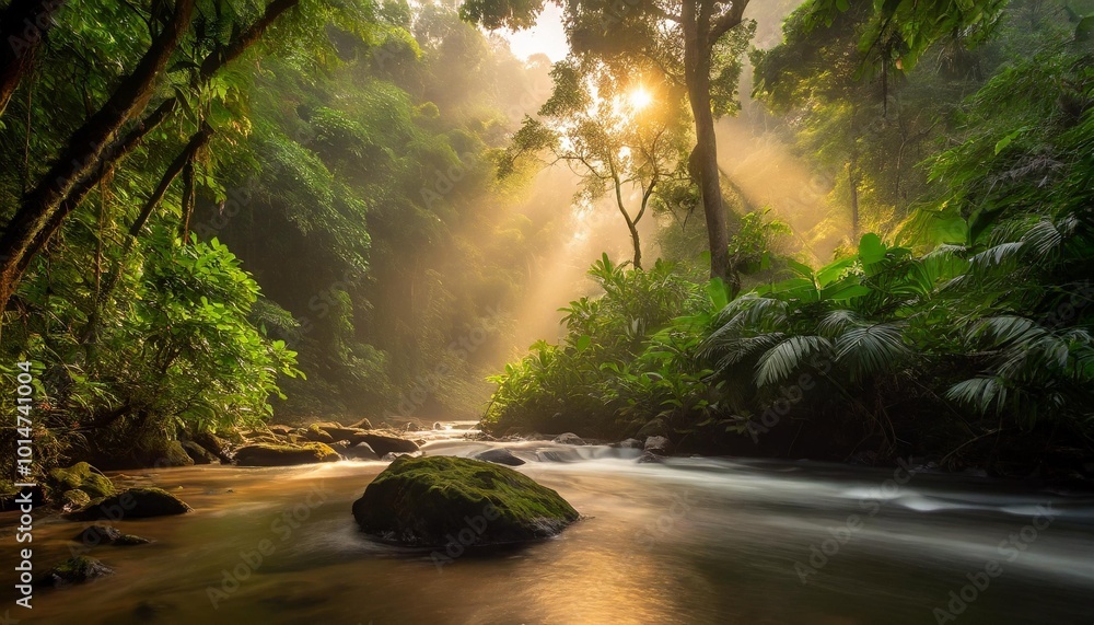 Majestic Tropical Rainforest Surrounding a Serene River, Flowing Through Dense Greenery, Captured at Sunrise With Golden Sun Rays Breaking Through the Trees Majestic Tropical Rainforest Surrounding a Serene River, Flowing Through Dense Greenery, Captured at Sunrise With Golden Sun Rays Breaking Through the Trees