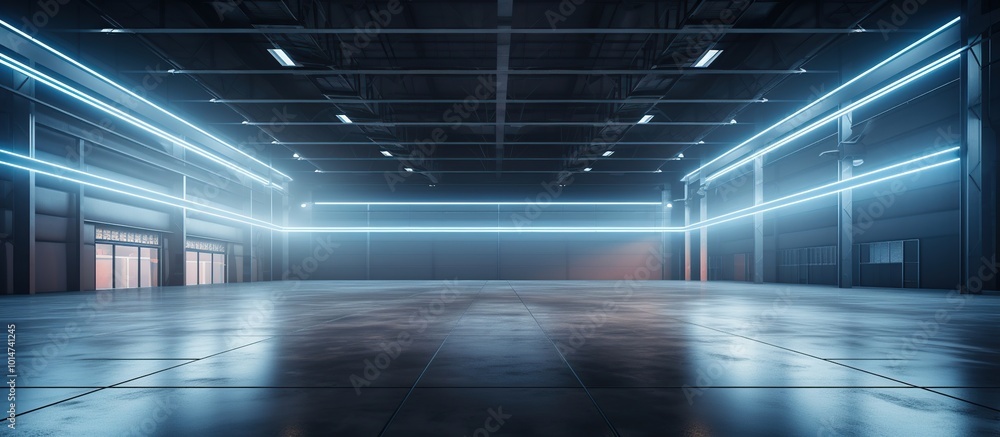 Empty Industrial Warehouse with Neon Lights Empty Industrial Warehouse with Neon Lights