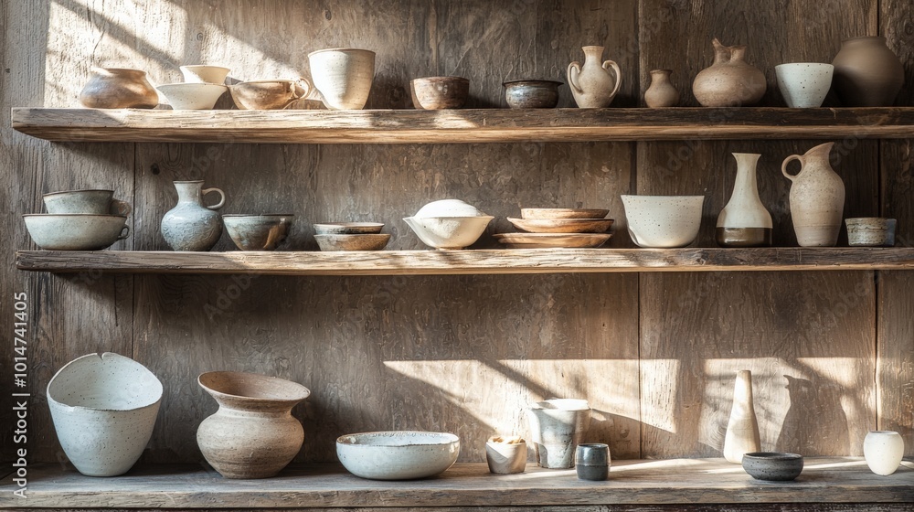 Diverse Pottery Pieces on Rustic Wooden Shelves Diverse Pottery Pieces on Rustic Wooden Shelves