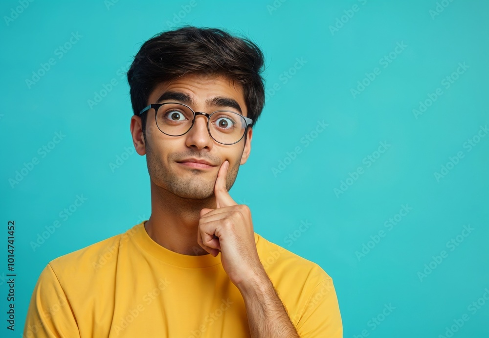 Young Indian Man In Yellow Shirt With Curious Expression Against Vibrant Blue Background generative ai Young Indian Man In Yellow Shirt With Curious Expression Against Vibrant Blue Background generative ai