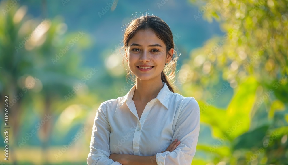 Young Indian Woman Enjoying Nature With A Bright Smile In A Green Outdoor Setting generative ai Young Indian Woman Enjoying Nature With A Bright Smile In A Green Outdoor Setting generative ai