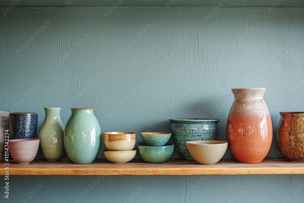 Colorful Ceramic Vases and Bowls Neatly Arranged Colorful Ceramic Vases and Bowls Neatly Arranged