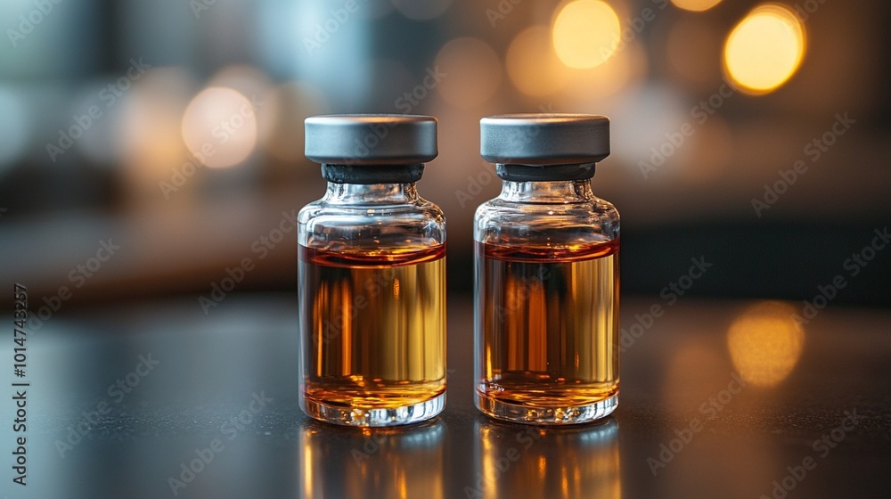 Two glass vials containing amber liquid illuminated by soft background lights in a stylish setting