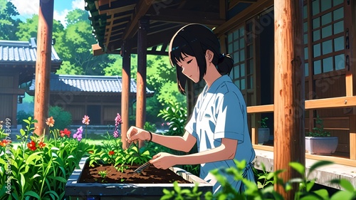 Ayame is a skilled gardener who cultivates the temple’s beautiful landscape. Dressed in practical yet colorful clothing, she is often seen nurturing flowers and plants, creating a serene environm photo