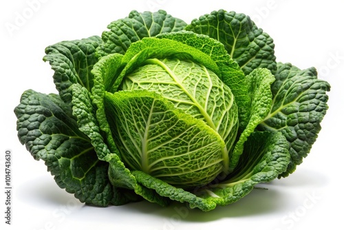 Bright green cabbage isolated on a white backdrop, ideal for healthy eating, organic food, and nutrition themes in stock photography. Emphasizing freshness and wholesome choices.