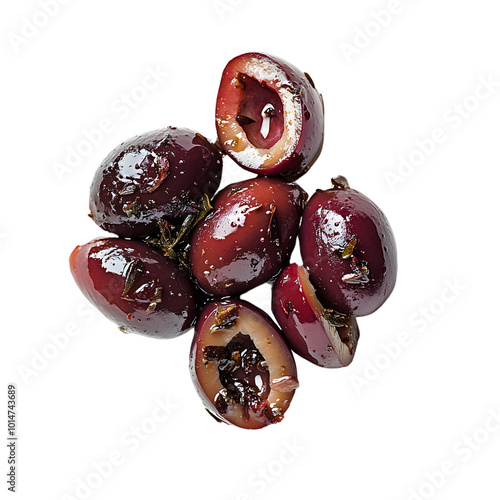 Delicious marinated kalamata olives on bright background