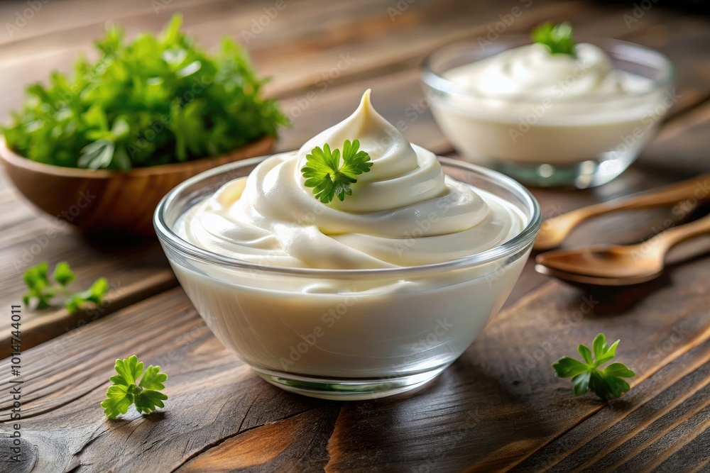 Captivating close-up of creamy sour cream in a glass bowl against a white backdrop, ideal for food photography projects focusing on culinary detail and texture. Captivating close-up of creamy sour cream in a glass bowl against a white backdrop, ideal for food photography projects focusing on culinary detail and texture.