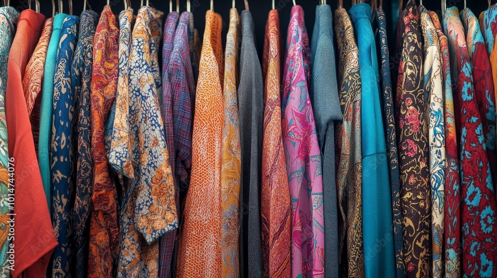 Colorful Clothes Hanging on Racks in Rows Colorful Clothes Hanging on Racks in Rows