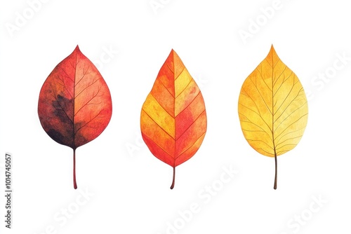 Three Autumn Leaves in Red, Orange, and Yellow on White Background