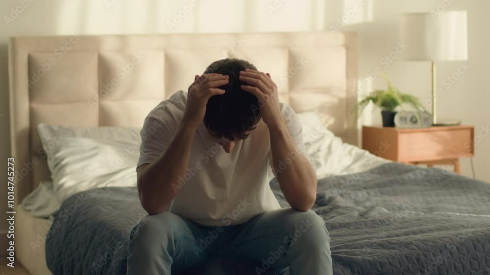 Unhappy Caucasian European man holding head problem crisis breakup male guy bedroom credit debt serious trouble hopelessness depressed grief despair difficulty disappointment sadness emotional stress