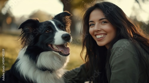 A young woman smiles at the camera while sitting with her black and white border collie dog in a park.