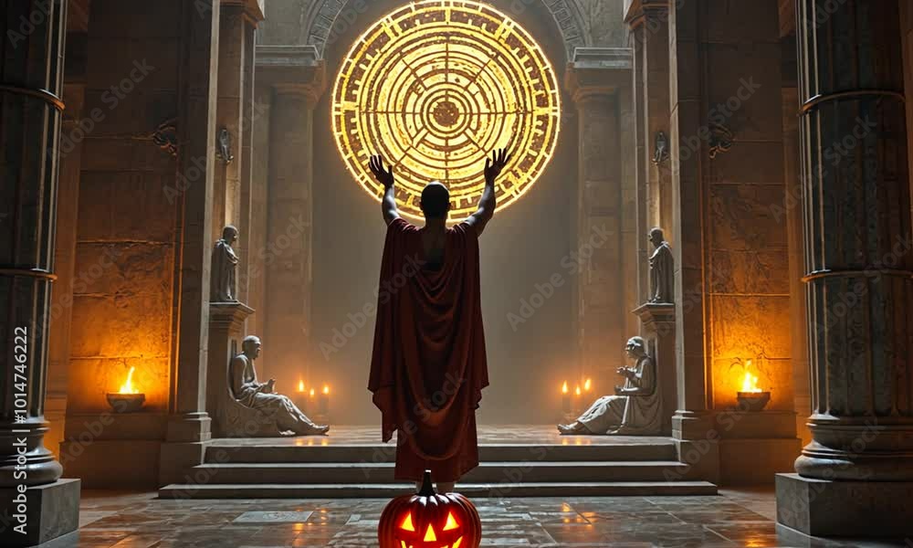 Wall Ritual A robed figure raises hands towards a glowing spiral symbol on the ...