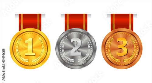 gold, silver and bronze medals with ribbon vector illustration champion and winner award isolated template medals