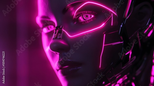 Female cyborg face with pink neon lines, futuristic robotic art, 3d render.