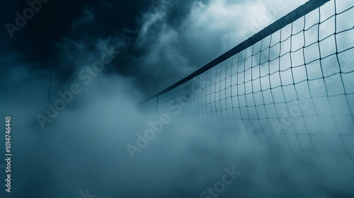 Dramatic view of a volleyball net against a cloudy sky with cinematic lighting