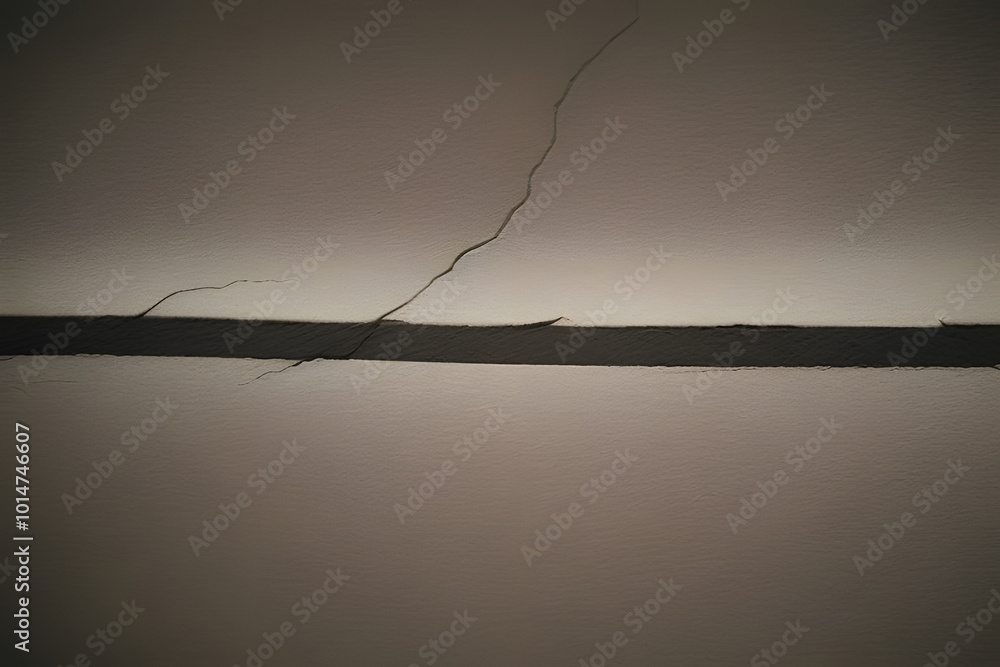 Fototapeta premium A close-up view of a wall with a prominent crack running horizontally across it, casting a shadow. The background is a muted tone, emphasizing the texture and imperfections of the wall surface.