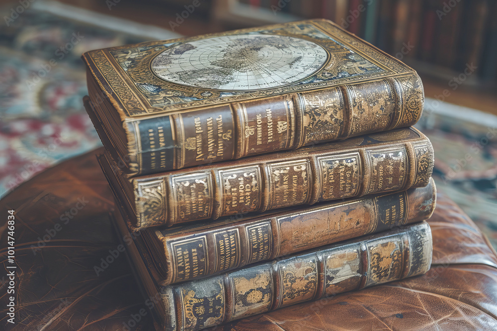 Stack of antique leather bound books with gold embossed lettering Stack of antique leather bound books with gold embossed lettering