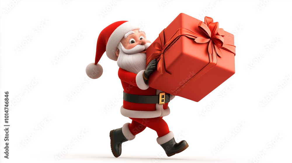A 3D animated Santa Claus is carrying a large red gift box with a big bow. His classic appearance includes a red suit, white beard, black belt, and boots A 3D animated Santa Claus is carrying a large red gift box with a big bow. His classic appearance includes a red suit, white beard, black belt, and boots