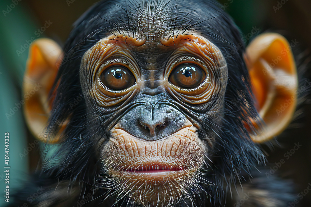 Baby chimpanzee posing and making eye contact Baby chimpanzee posing and making eye contact