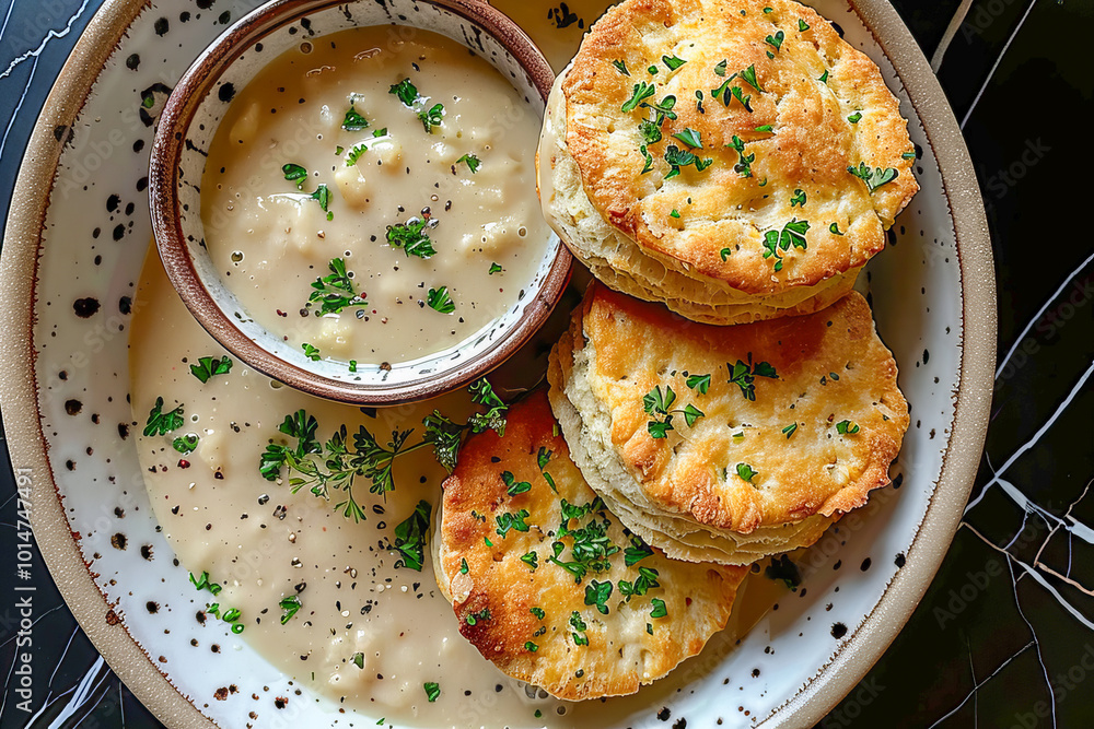 Delicious biscuits and gravy being served for breakfast on plate Delicious biscuits and gravy being served for breakfast on plate