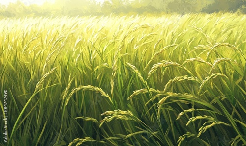 Golden sunlight bathes a field of tall green rice stalks with their grains ripening in the sun.