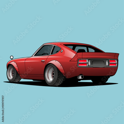 Classic Red Sports Car: An elegant vector illustration of a red sports car with an elongated hood, prominent wheel arches, and a sleek design, set against a plain light blue background