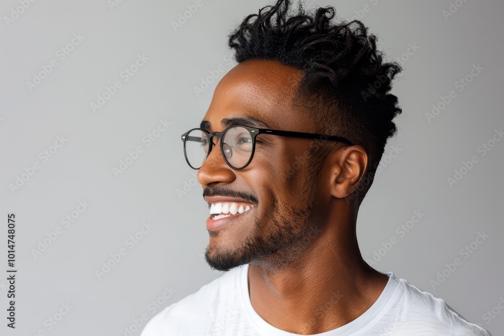 Obraz premium Smiling man with glasses looking away from the camera.