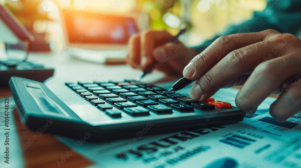 Businessperson analyzing dental expenses with close up of tooth in the background Businessperson analyzing dental expenses with close up of tooth in the background