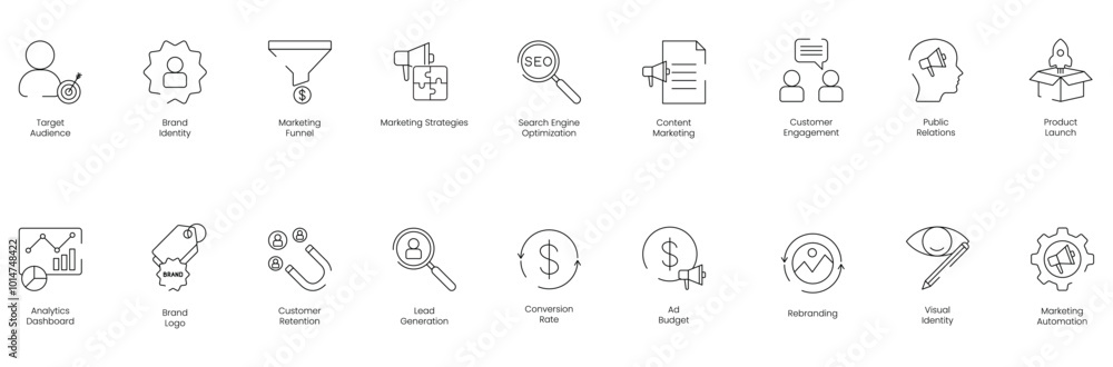 Fototapeta premium Comprehensive Marketing and Safety Icon Set Including Target Audience, Brand Identity, Marketing Funnel, Marketing Strategies, SEO, Content Marketing, Customer Engagement, Public Relations