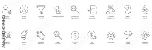 Comprehensive Marketing and Safety Icon Set Including Target Audience, Brand Identity, Marketing Funnel, Marketing Strategies, SEO, Content Marketing, Customer Engagement, Public Relations