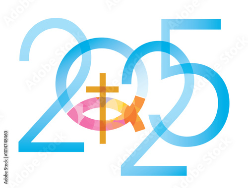 Jesus fish symbol, new year date. 
2025 new year with Jesus fish symbol with cross. Isolated on white background. Vector available.	