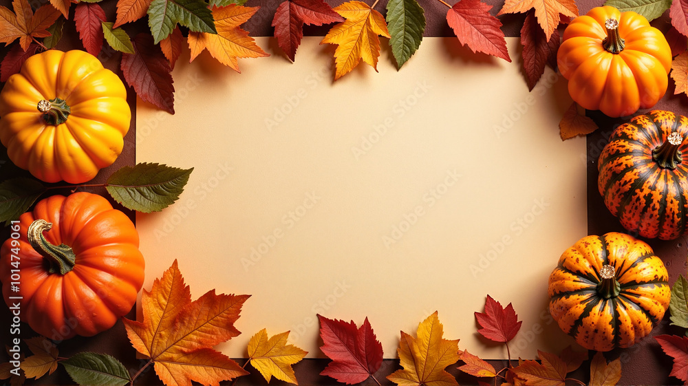 Pumpkin and Autumn Leaf Frame with Warm Tones and Copy Space Pumpkin and Autumn Leaf Frame with Warm Tones and Copy Space