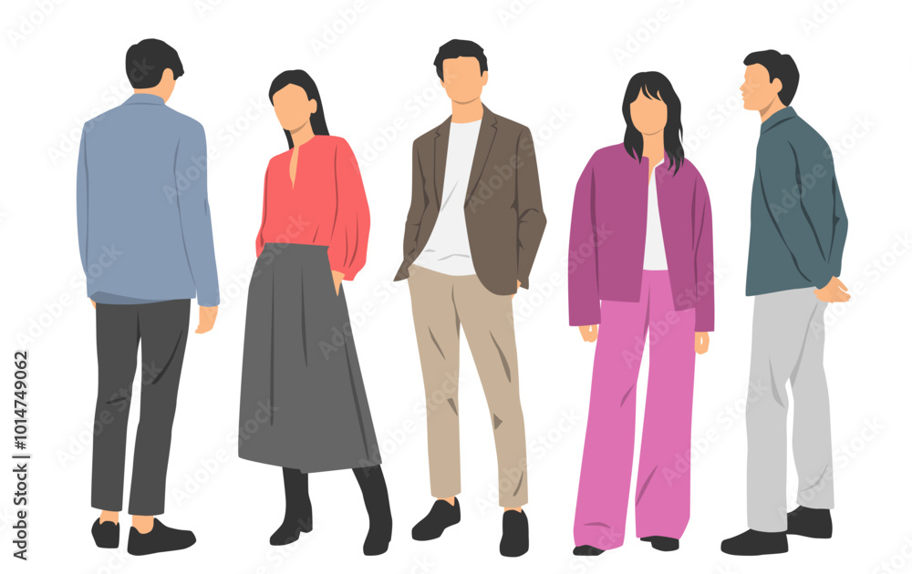 Fototapeta premium Set of young men and women , different colors, cartoon character, group of silhouettes of standing business people, students, design concept of flat icon, isolated on white background