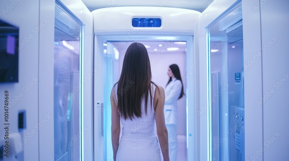 Woman entering a futuristic high-tech chamber with blue lighting in a sterile environment Woman entering a futuristic high-tech chamber with blue lighting in a sterile environment