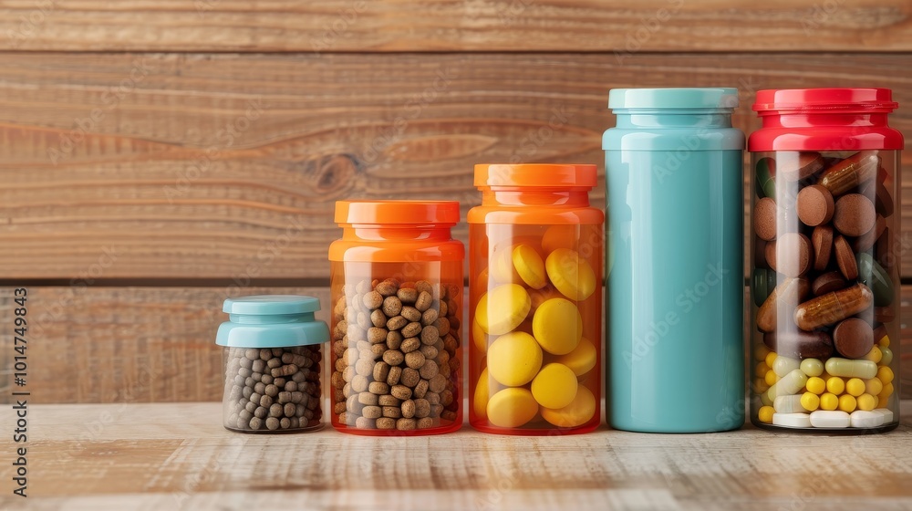 Five glass jars with colorful pills and capsules in different sizes on a wooden background. Five glass jars with colorful pills and capsules in different sizes on a wooden background.